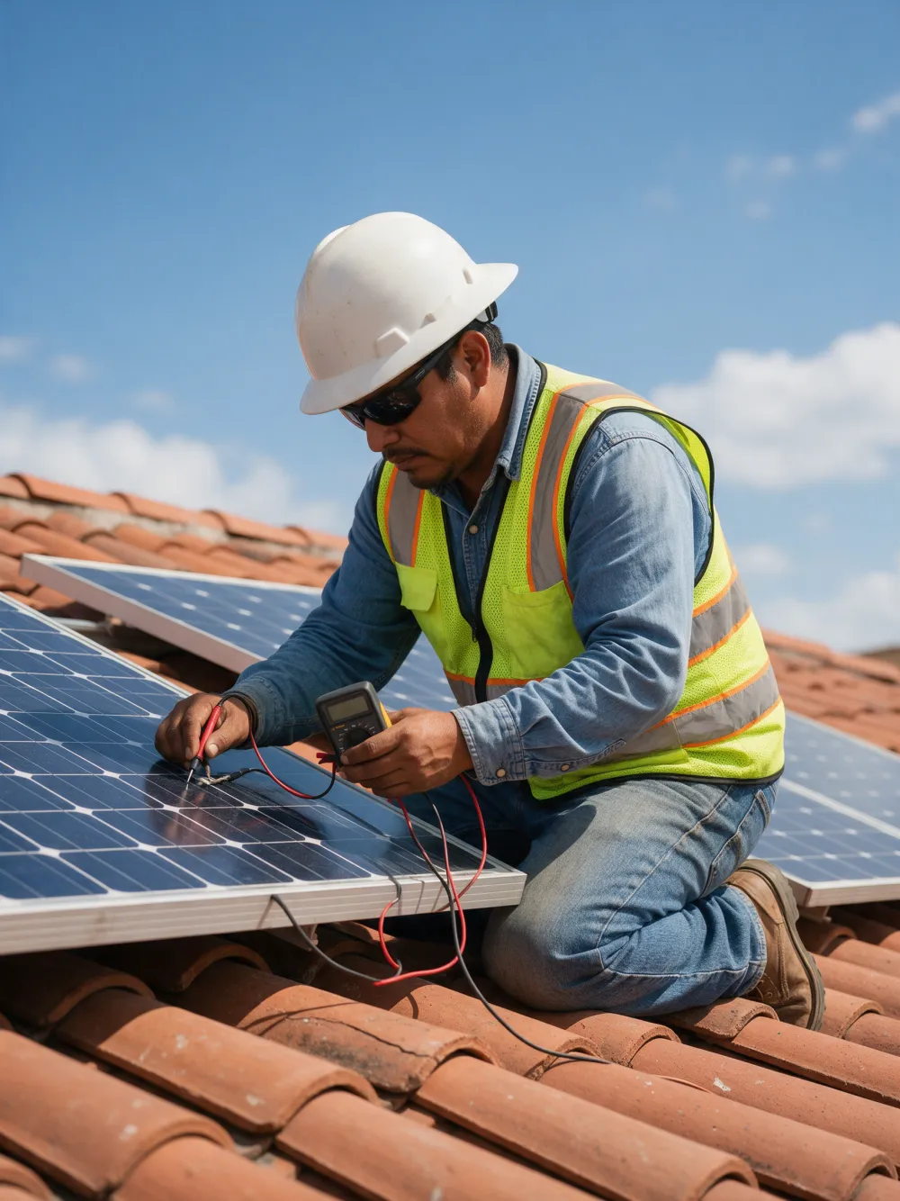 Técnico revisando un panel solar en un techo de teja